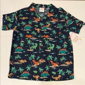 Boys Navy Dinosaur and Palm Tree Button Down Shirt
